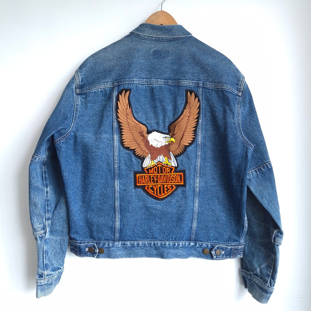 Calvin Klein Denim Jacket Blue L Harley Davidson Biker Trucker Vintage Patched - Picture 6 of 16